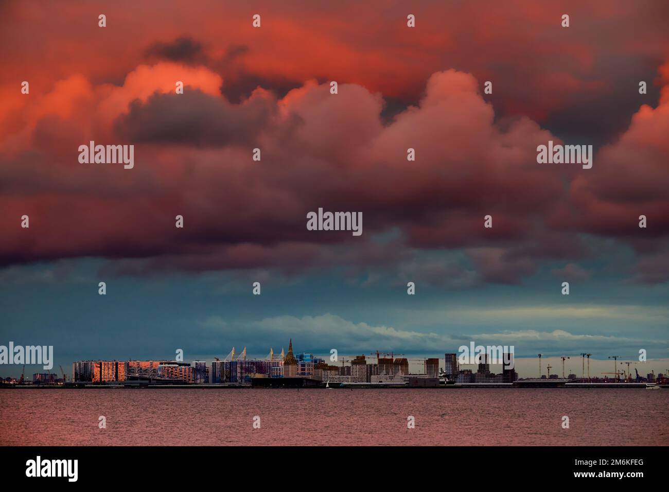 Cielo rosa magico sopra il complesso residenziale in costruzione sul lungofiume del fiume Neva sull'isola di Vasilievsky in sole Foto Stock Cielo rosa magico sopra il complesso residenziale in costruzione sul lungofiume del fiume Neva sull'isola di Vasilievsky in sole Foto Stock