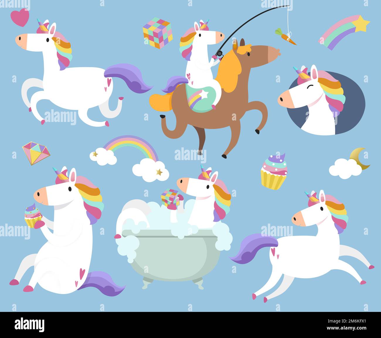 Simpatico unicorni con elemento magico adesivi vettore Illustrazione Vettoriale