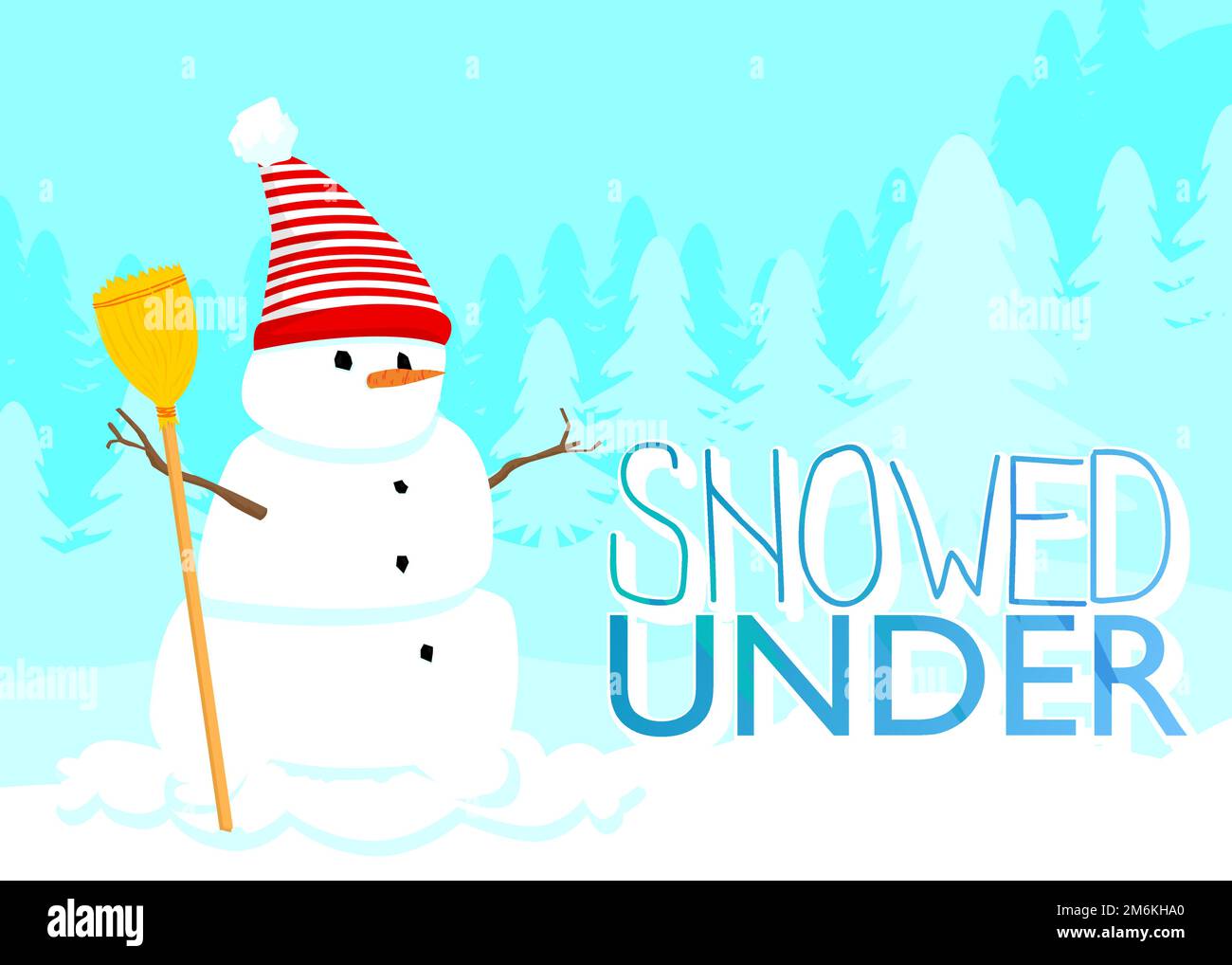Snowman indossa cappello e sciarpa con Snowed sotto il testo. Scheda, poster dell'evento invernale, banner. Illustrazione Vettoriale