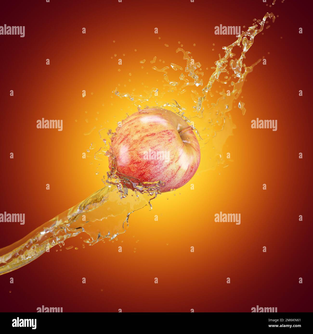 La mela matura in spruzzi d'acqua vola su uno sfondo a gradiente rosso-giallo. Poster pubblicitario. rendering 3d Foto Stock