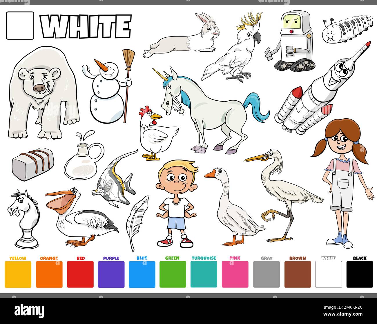 Set con personaggi e oggetti cartoni animati in bianco Foto Stock