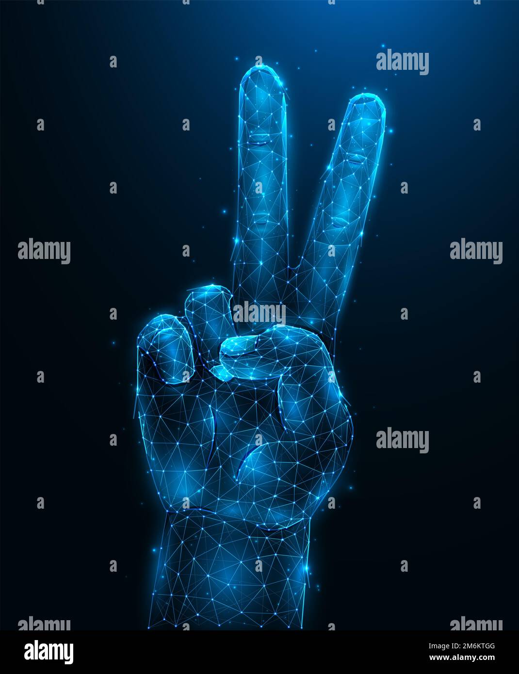 Illustrazione vettoriale astratta di una mano che mostra un gesto di pace o di vittoria su sfondo blu scuro. Mano con due dita verso l'alto Foto Stock