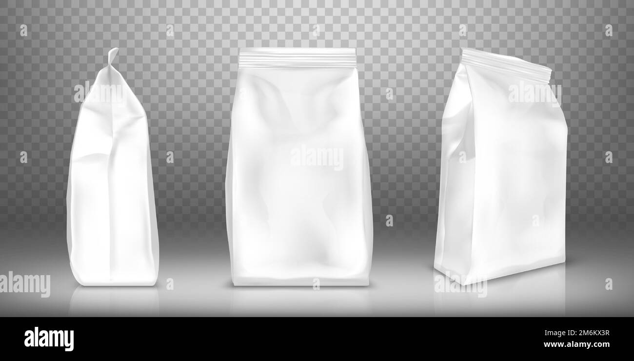 Vettore realistico per confezione in plastica bianca vuota o in lamina. Borsa o astuccio per snack, dolci e caffè, vista frontale e laterale, illustrazioni isolate su sfondo trasparente, mock up per il design della confezione Illustrazione Vettoriale