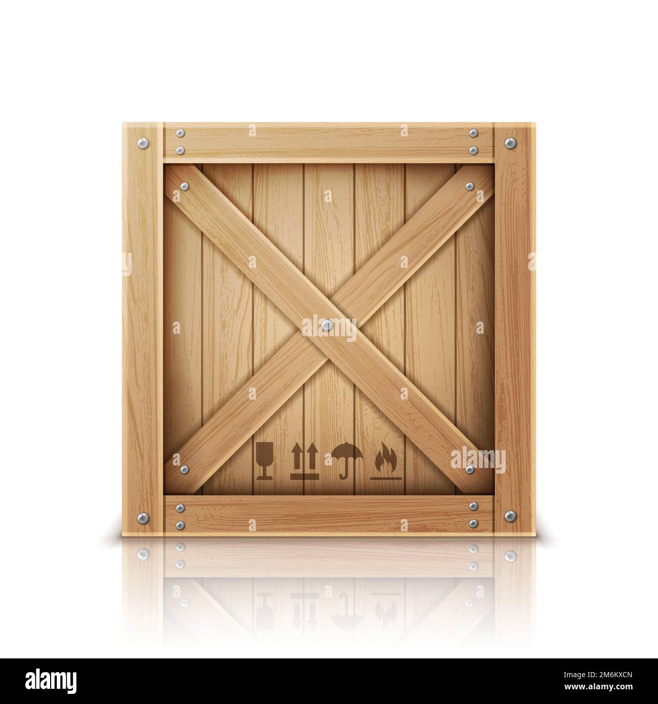 Scatola di legno chiusa da chiodi metallici realistica illustrazione vettoriale. Cassa di legno o vano di carico per il deposito, il trasporto e la consegna del prodotto con simboli postali, isolato su sfondo bianco Illustrazione Vettoriale