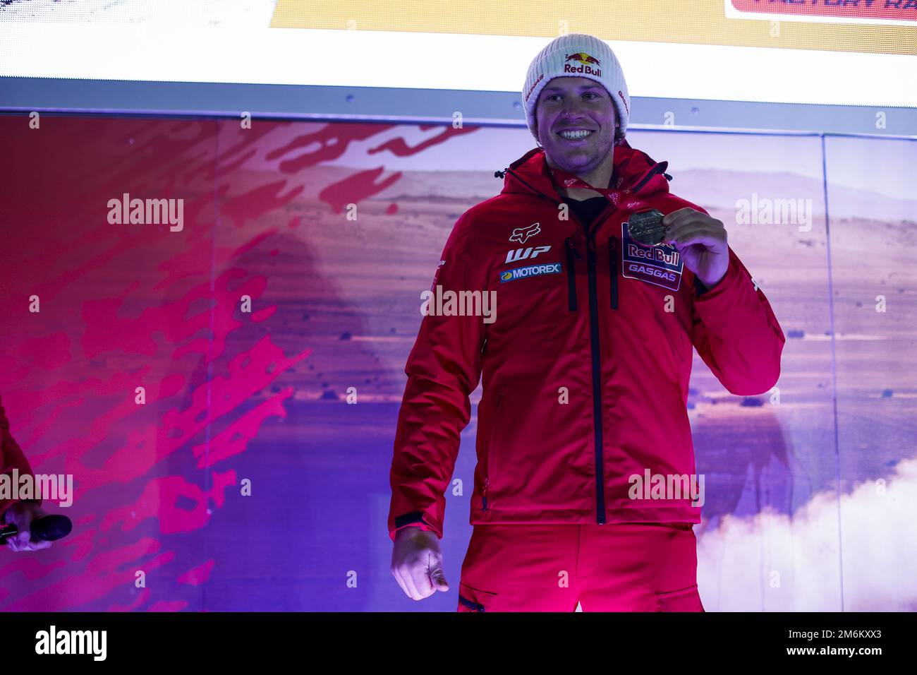 SANDERS Daniel (aus), Red Bull Gasgas Factory Racing, Gasgas, Moto, FIM W2RC, ritratto, W2RC cerimonia della medaglia durante la fase 4 della Dakar 2023 intorno alla grandine, il 4th gennaio 2023 a grandine, Arabia Saudita - Foto: Julien Delfosse/DPPI/LiveMedia Foto Stock