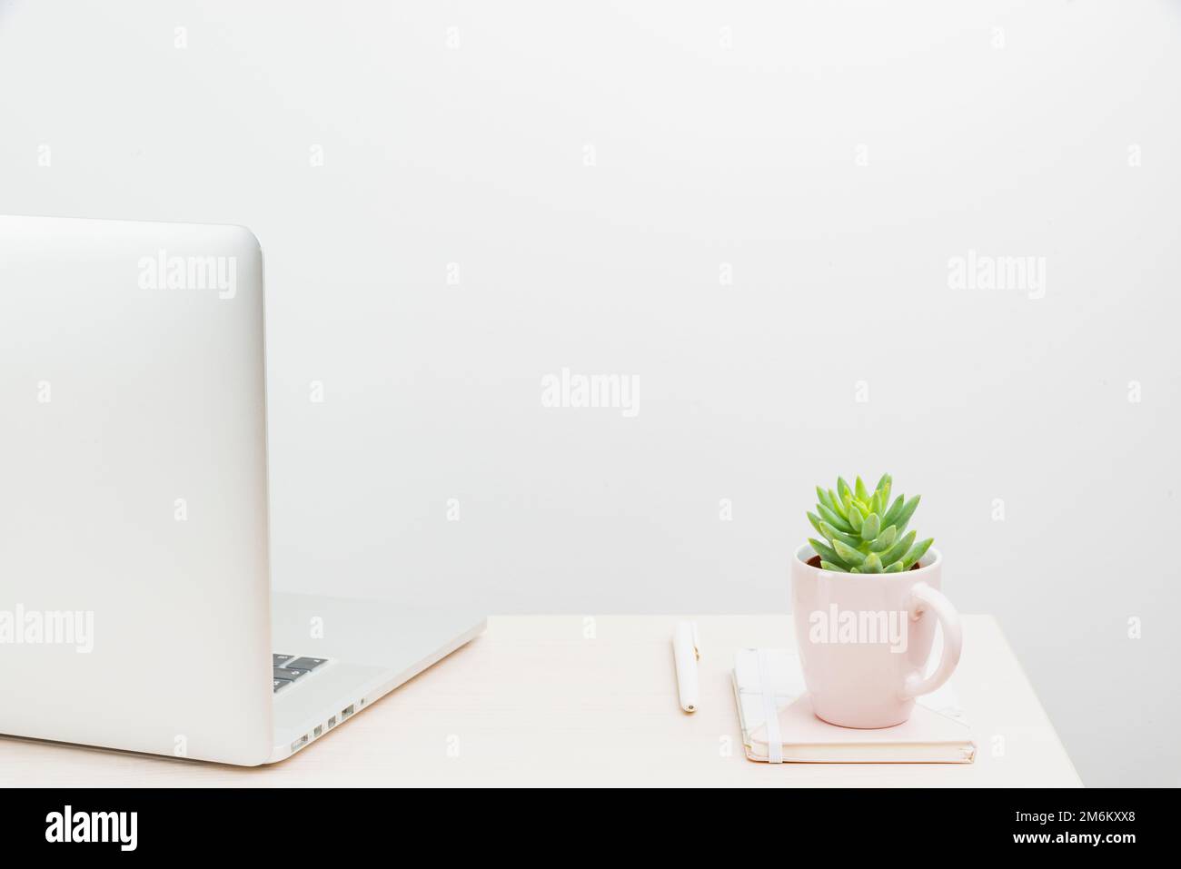 Installazione di un'area di lavoro ordinata, strumenti da scrivania per la scrittura, disposizione di un ufficio intelligente, tavolo di studio, prendere appunti, disegni di una stanza fresca, Org Foto Stock