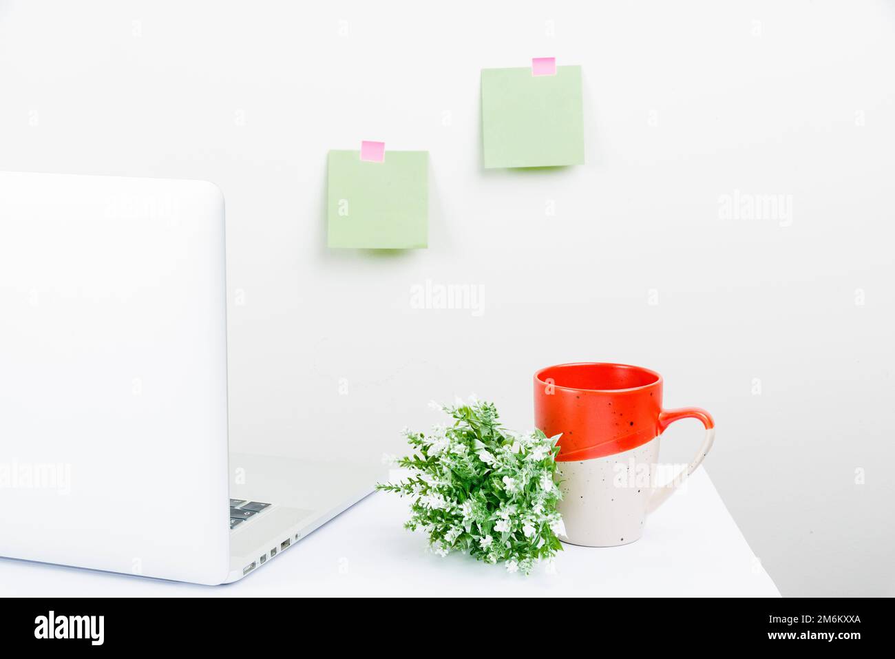 Installazione di un'area di lavoro ordinata, strumenti da scrivania per la scrittura, disposizione di un ufficio intelligente, tavolo di studio, prendere appunti, disegni di una stanza fresca, Org Foto Stock