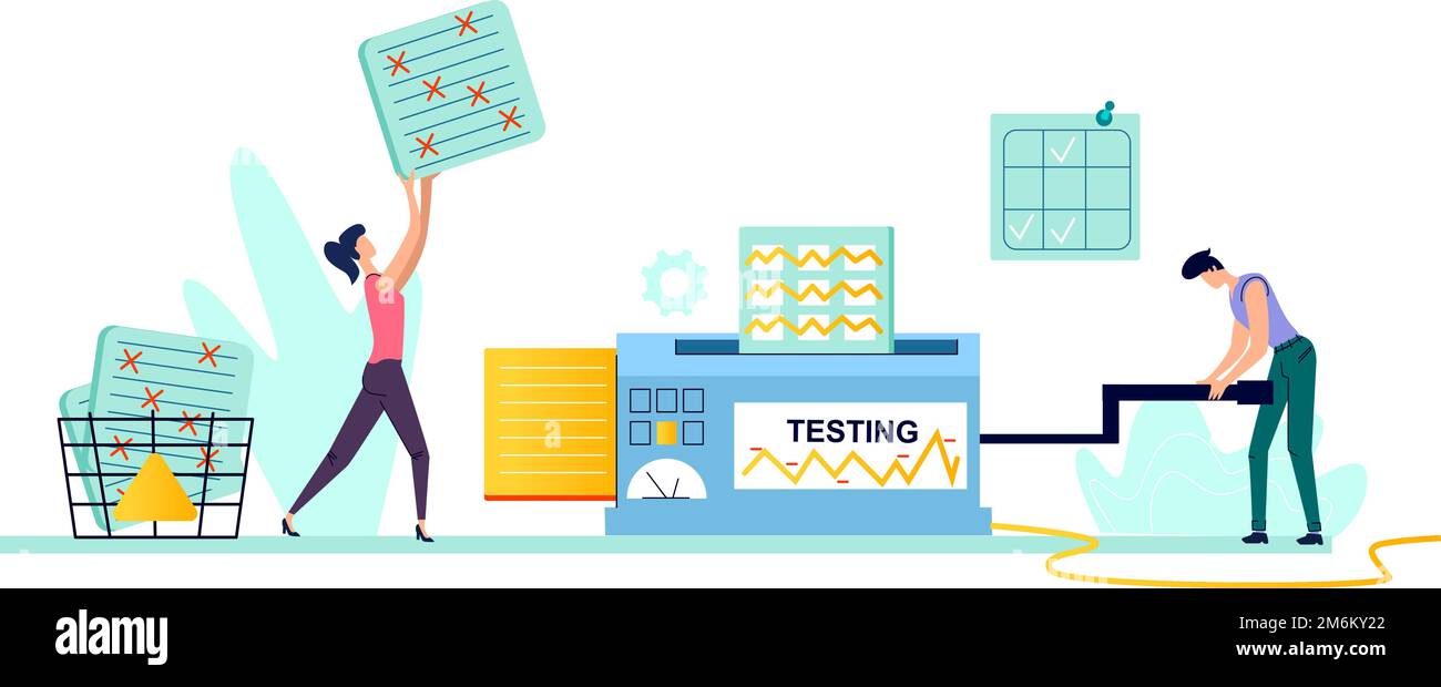 Illustrazione vettoriale del concetto aziendale del processo di test. Lavoro di squadra, uomo e donna, dipendenti alla ricerca di una soluzione al problema, ruotare la maniglia del meccanismo e valutare i risultati dei test Illustrazione Vettoriale