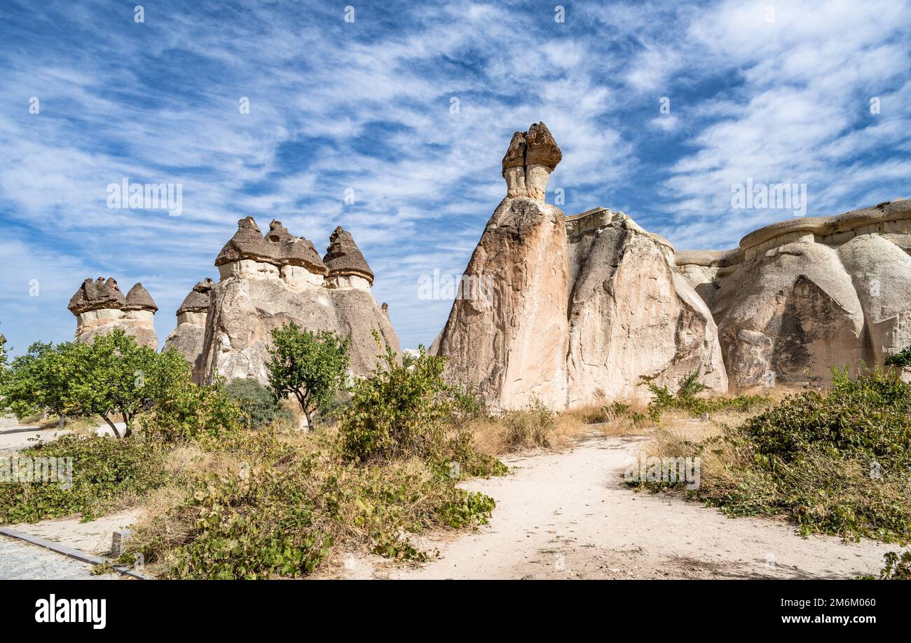Formazioni rocciose dei Camini delle fate a Pasabag o nella Valle dei Monaci, Cappadocia, Turchia. Foto Stock