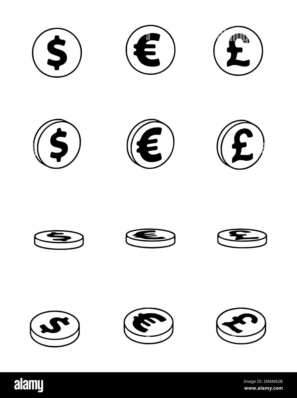 Set vettoriale di monete in dollari, euro e sterlina in stile doodle. Clip finanza e banche art. Foto Stock