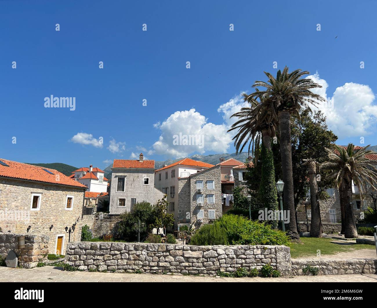 Palme verdi crescono vicino a vecchie case di pietra con tetti rossi Foto Stock