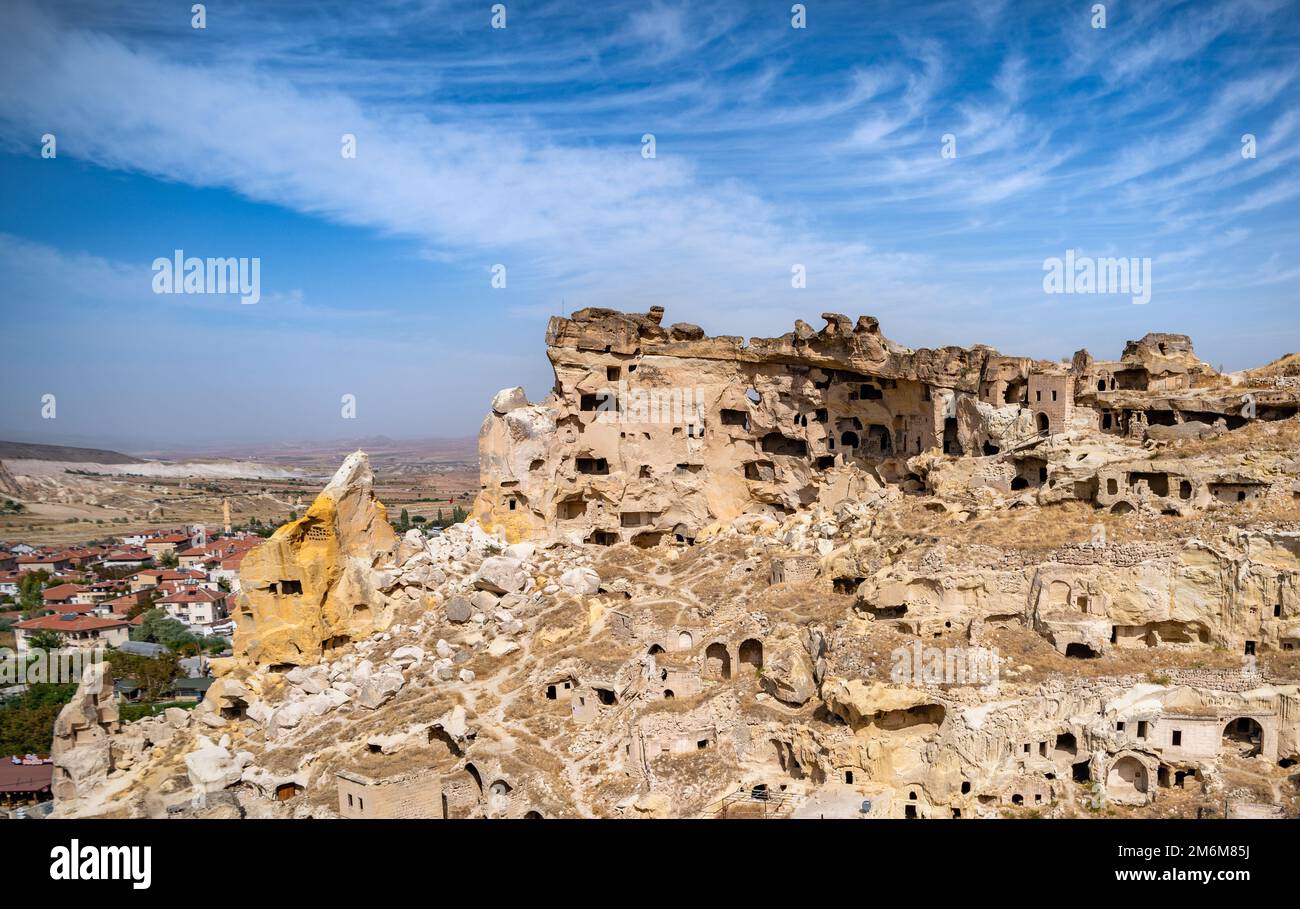 Cavusin ha rovinato villaggio roccioso in Cappadocia, Turchia. Foto Stock