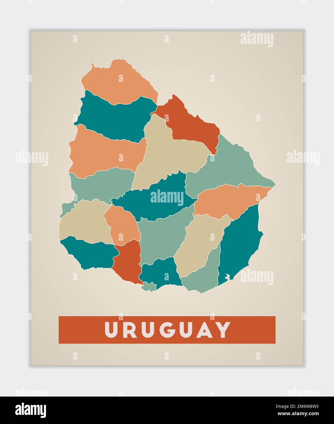 Poster dell'Uruguay. Mappa del paese con regioni colorate. Forma dell'Uruguay con il nome del paese. Potente illustrazione vettoriale. Illustrazione Vettoriale