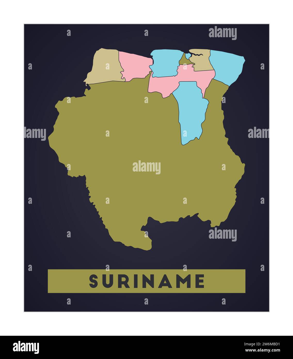 Mappa del Suriname. Poster del paese con le regioni. Forma del Suriname con il nome del paese. Illustrazione vettoriale accurata. Illustrazione Vettoriale