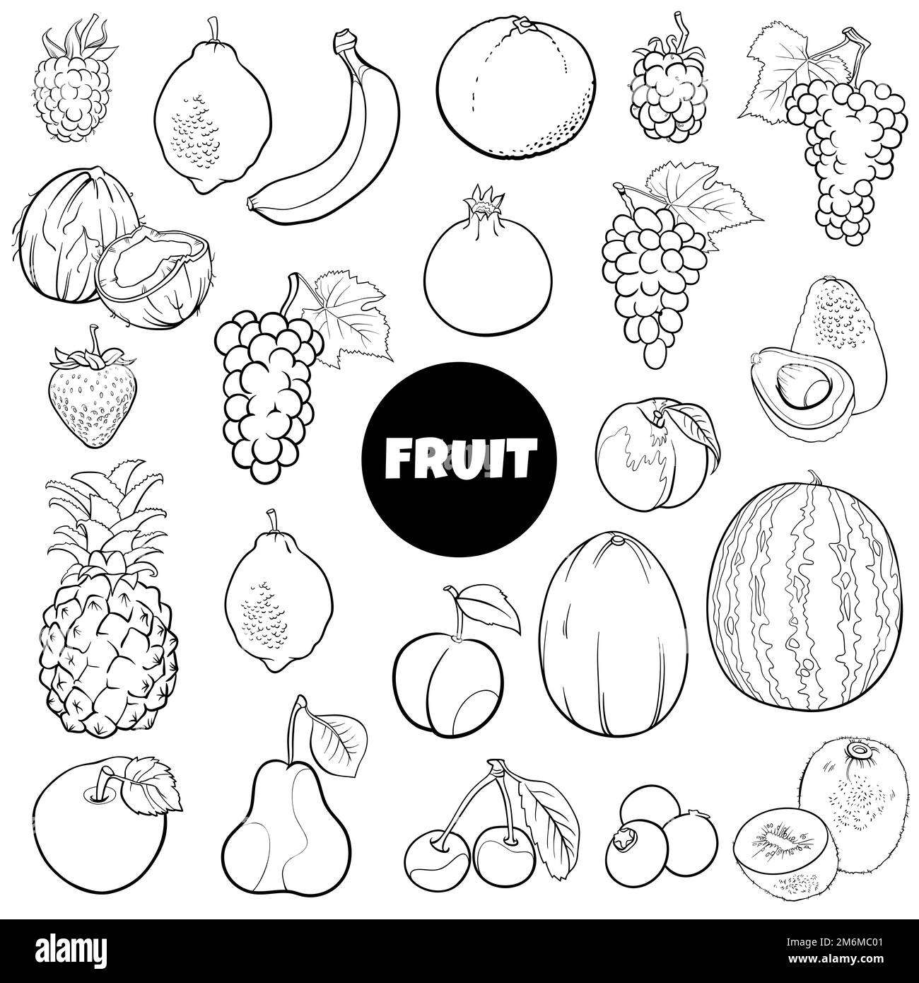 Cartoon frutta fresca cibo oggetti impostare la pagina da colorare Foto Stock