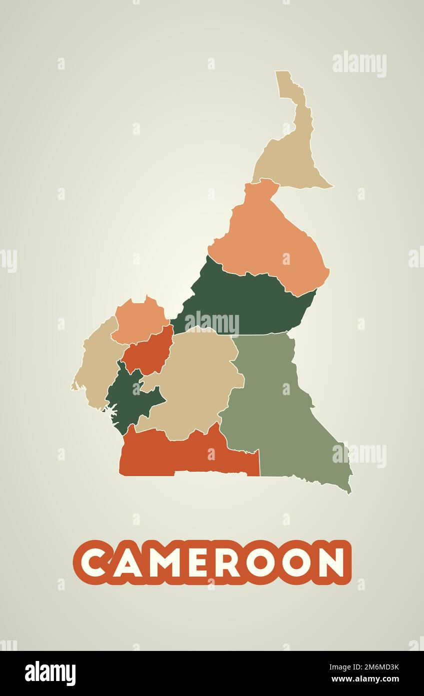 Poster camerunese in stile retrò. Mappa del paese con regioni nella tavolozza dei colori autunnali. Forma del Camerun con il nome del paese. Illustrazione Vettoriale