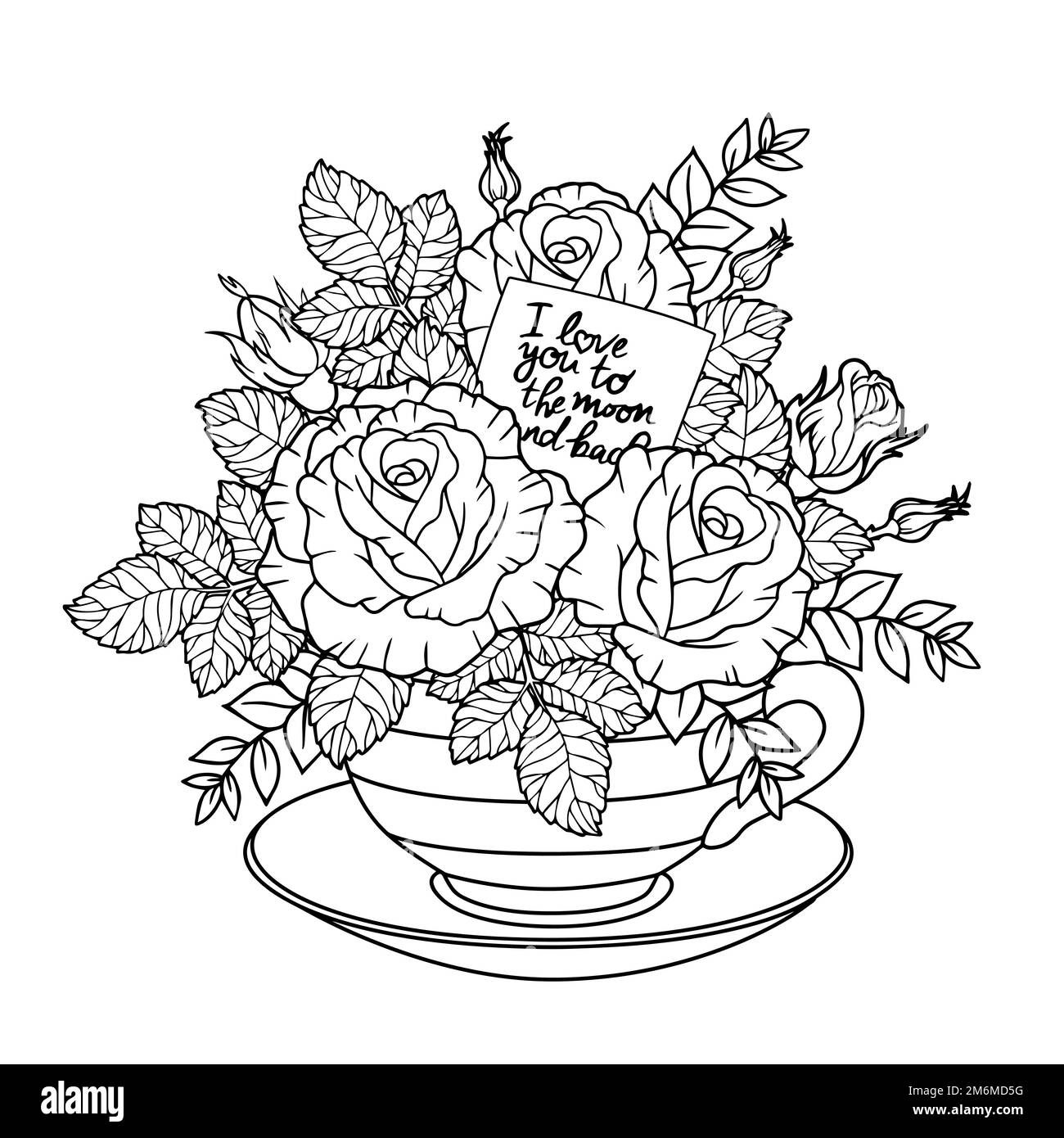 Pagina del libro da colorare vettoriale per adulti. Illustrazione in bianco e nero di un grazioso bouquet di rose con un messaggio d'amore in una tazza invece che in un vaso Illustrazione Vettoriale