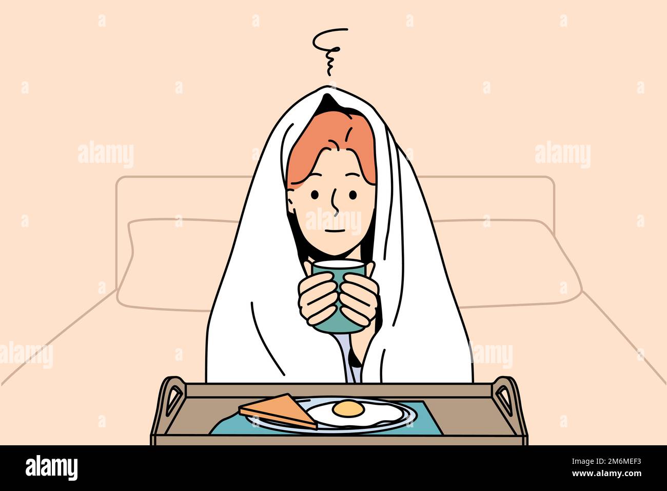 Donna in coperta sedersi a letto sentire freddo bere tè caldo mangiare prima colazione. La ragazza pensiva in copertura soffre di basse temperature all'interno caldo con cibo e caffè. Illustrazione vettoriale. Illustrazione Vettoriale