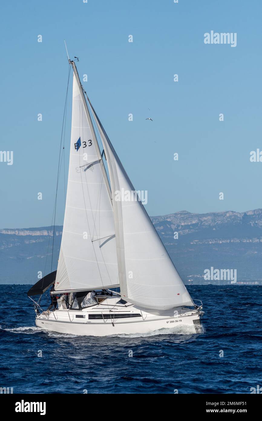 barca a vela sul mare, gabbiani volanti, Tarragona, Catalogna, Spagna Foto Stock