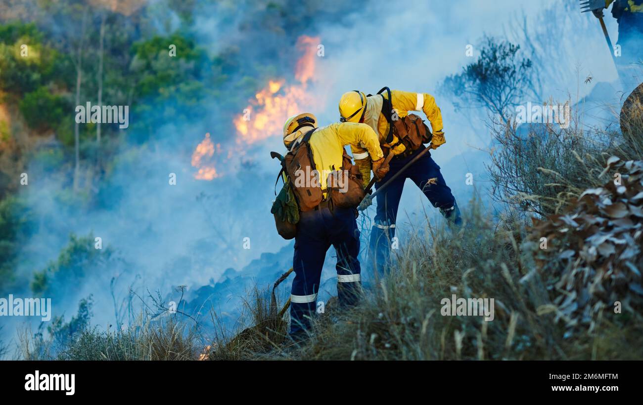 Respingendo le fiamme, i vigili del fuoco combattono un fuoco selvaggio. Foto Stock