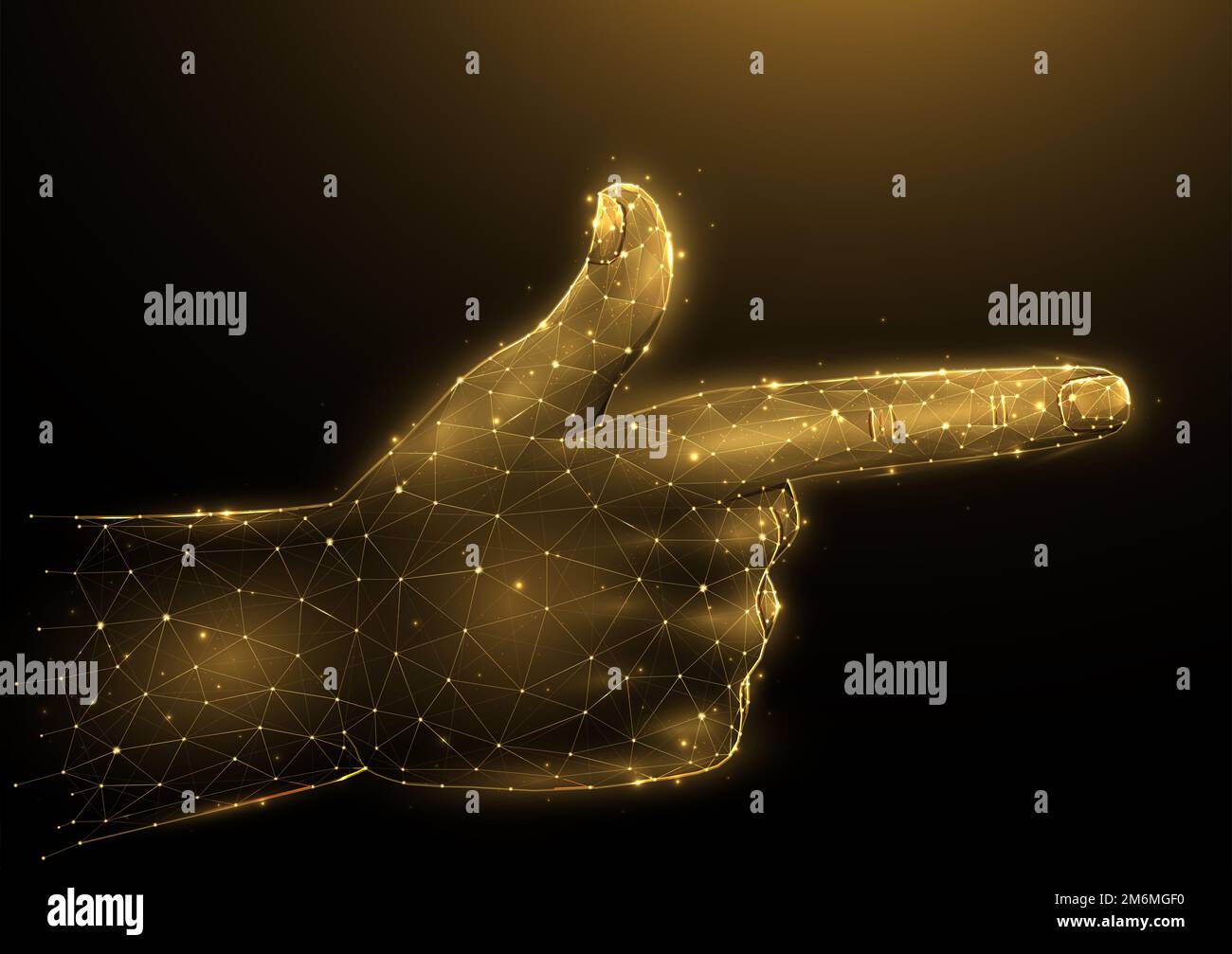 Illustrazione del vettore poligonale con pistola a dito su sfondo scuro. Segnale del movimento della mano con basso design in poli. Gesto di scatto a mano concep Foto Stock