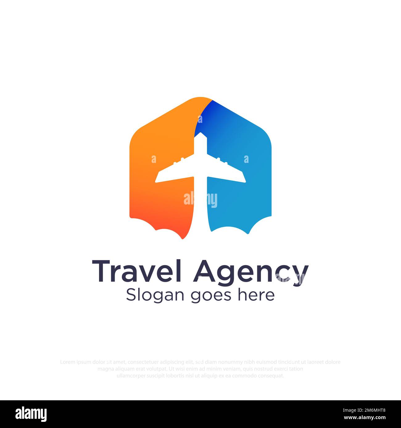 Logo di Modern Travel Agency con un piano che si infrange attraverso le nuvole e un'illustrazione vettoriale a colori sfumati Illustrazione Vettoriale