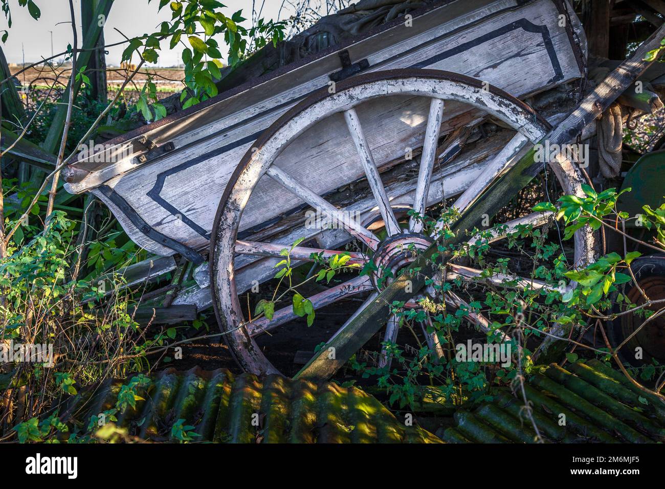 Vecchio carrello di legno in un granaio abbandonati Foto Stock