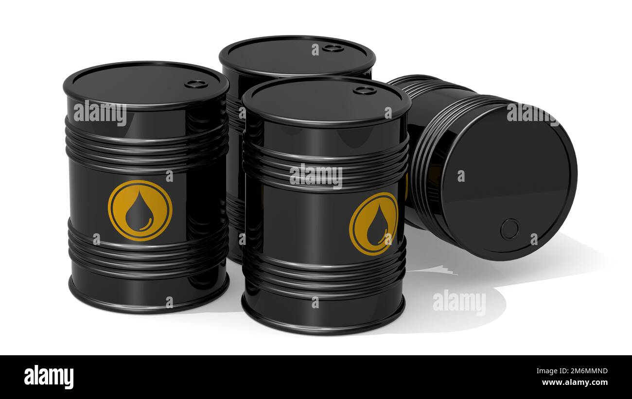 Barili neri per olio crudele o petrolio Foto Stock