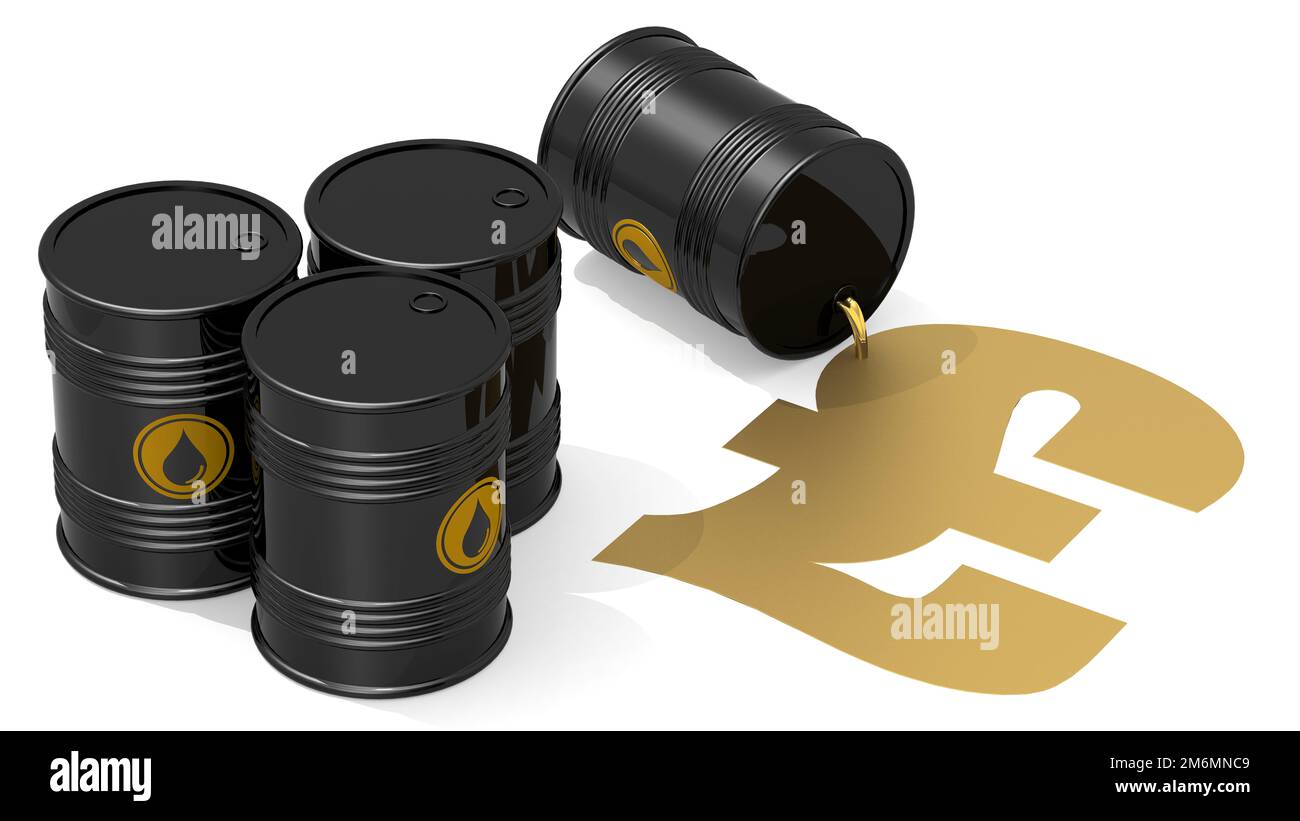 Barili neri di petrolio greggio con segno dorato dell'euro Foto Stock