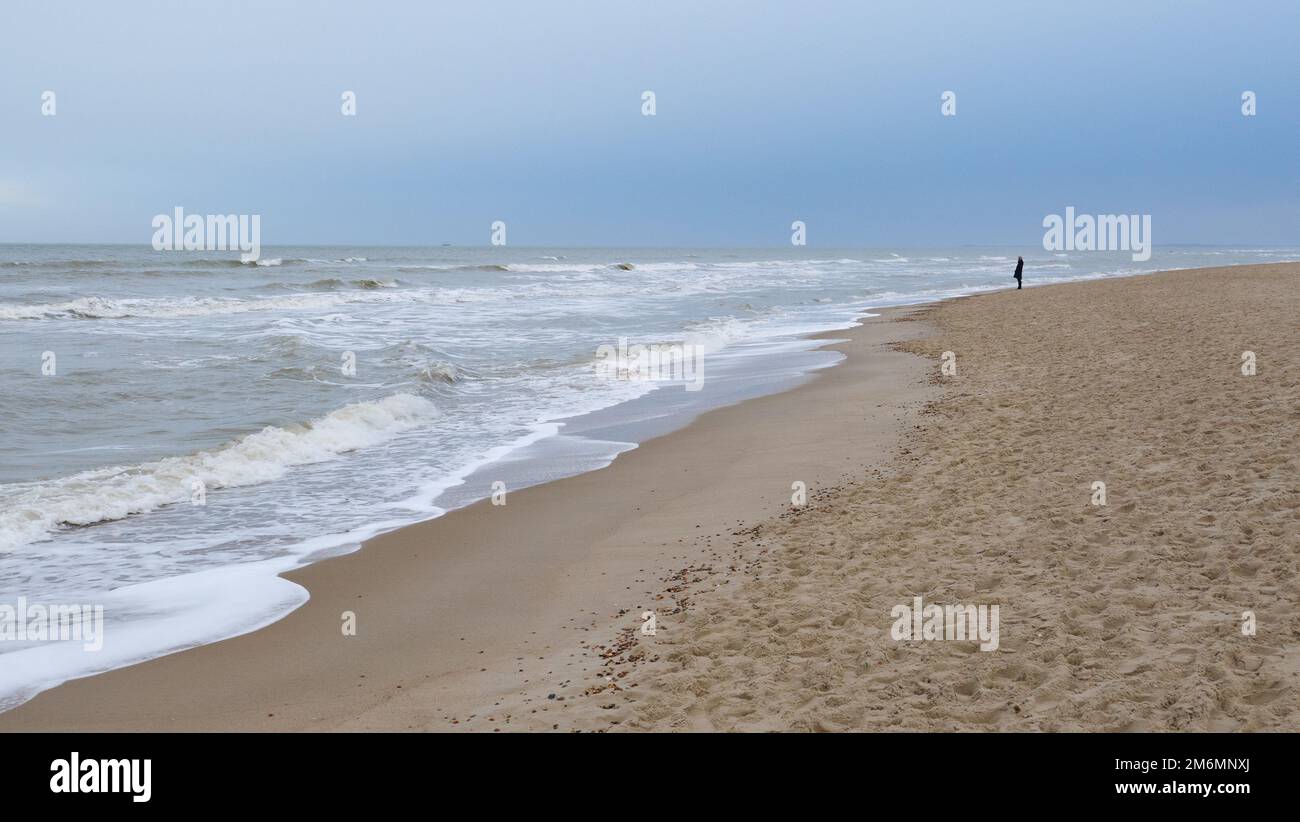 Panorama del Mare del Nord in inverno nella luce debole del sole del mattino con cielo parzialmente nuvoloso e una persona a Oostkapelle in Olanda Foto Stock