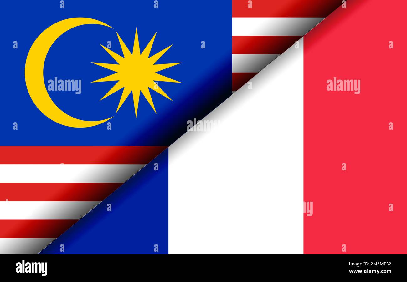 Le bandiere della Malesia e della Francia si sono divise diagonalmente Foto Stock
