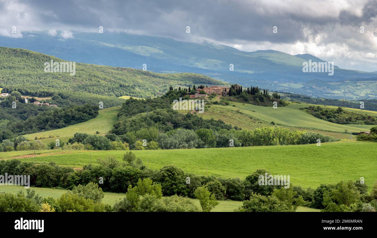 PIENZA, TOSCANA, ITALIA - MAGGIO 20 : paesaggio verdeggiante e antica casa colonica in Toscana il 20 Maggio 2013 Foto Stock