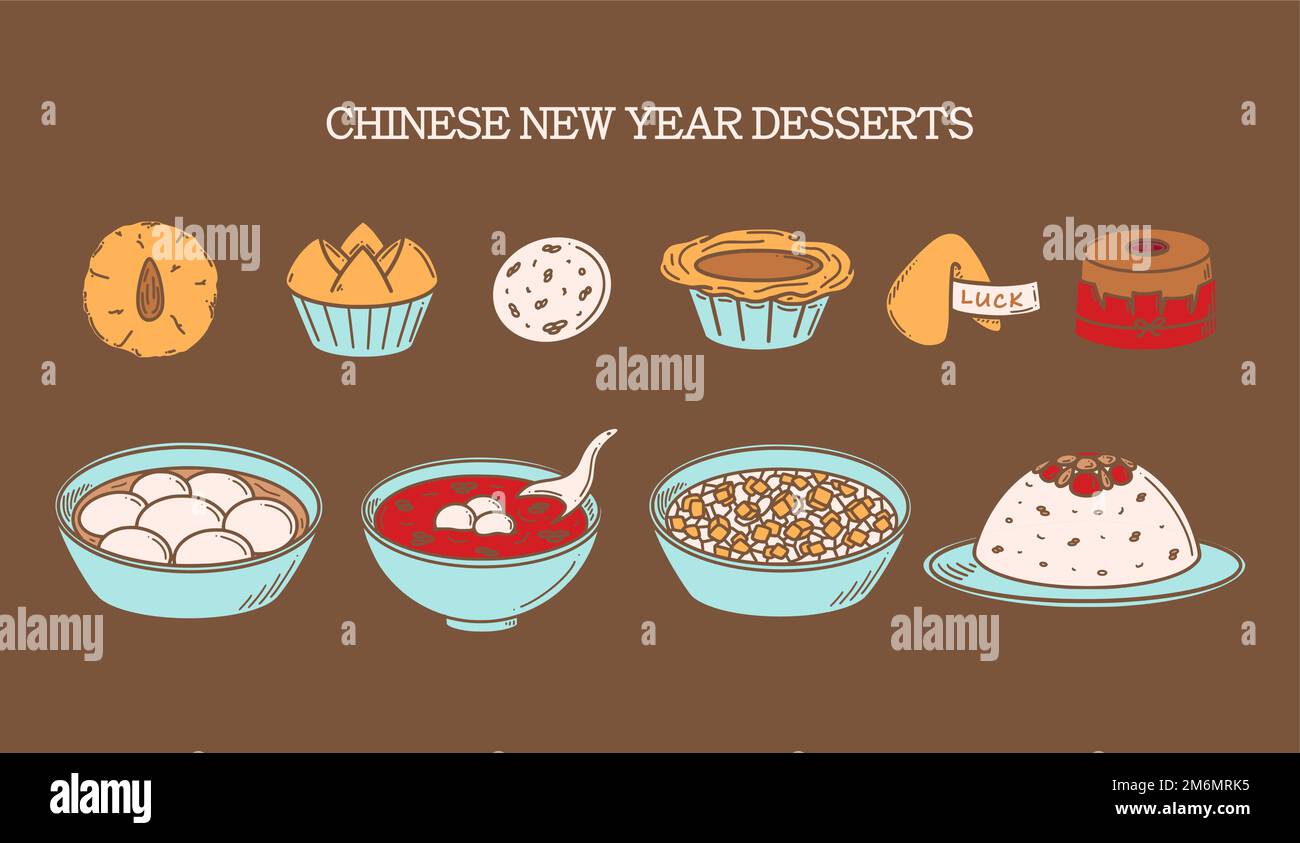 CNY Celebration, Chinese New Year Dessert illustrazione vettoriale in stile doodle. Disegno tradizionale di cucina asiatica. Illustrazione Vettoriale