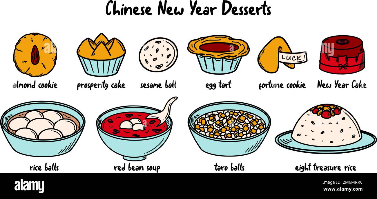 CNY Celebration, Chinese New Year Dessert illustrazione vettoriale in stile doodle. Illustrazione Vettoriale
