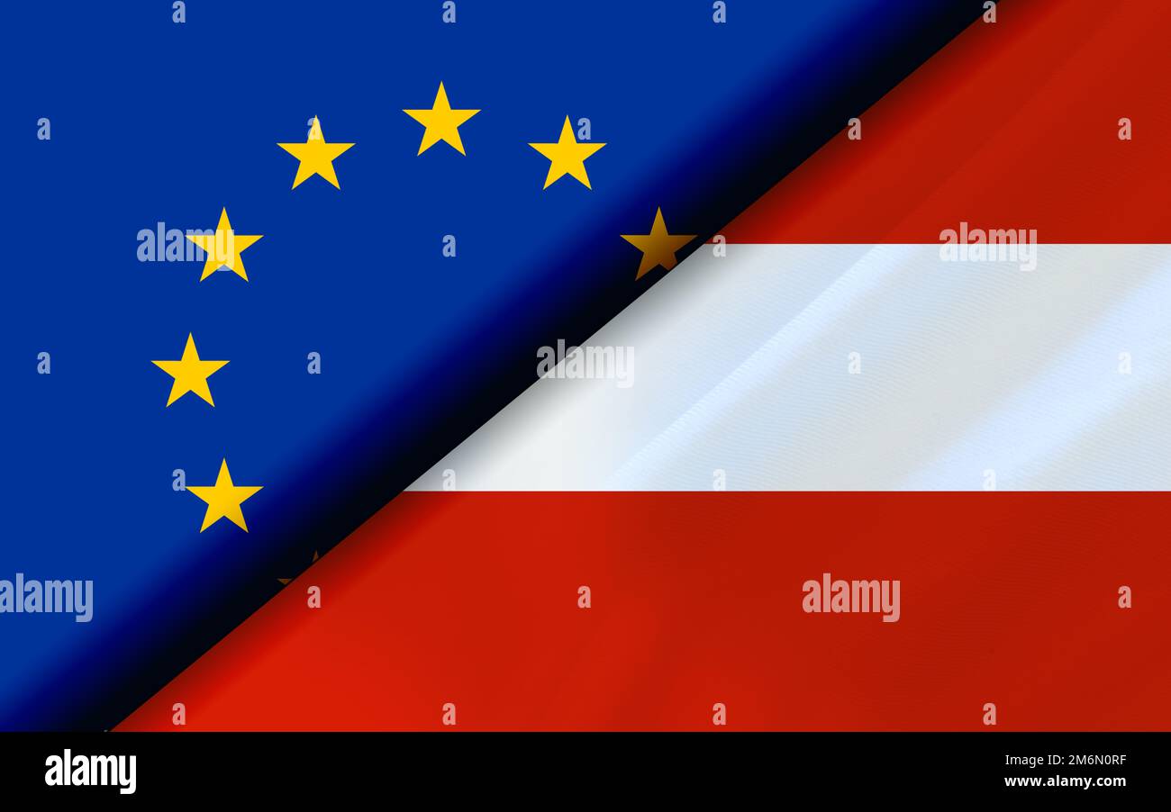 Le bandiere dell'UE e dell'Austria si sono divise diagonalmente Foto Stock