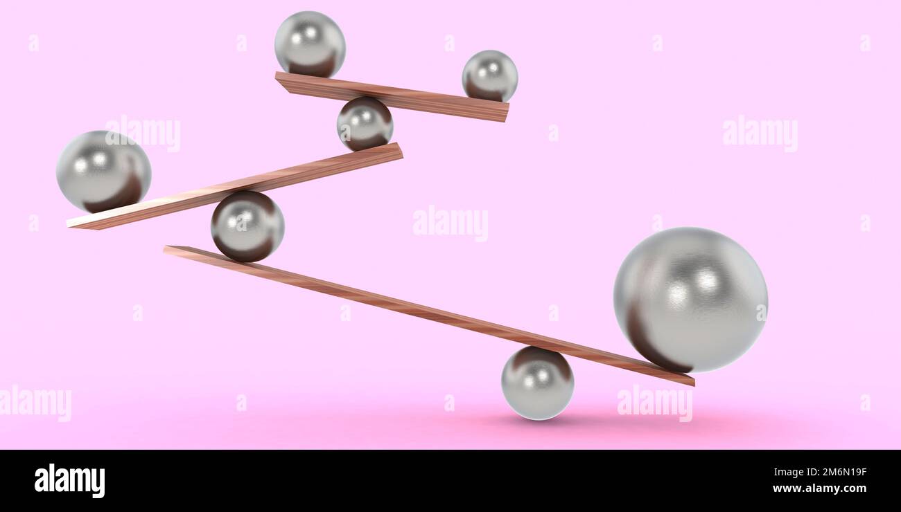 Sfere d'argento equilibrate su sfondo rosa Foto Stock