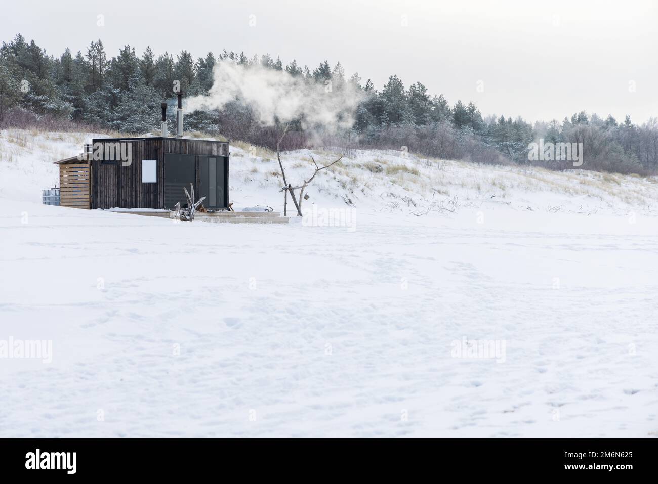 Sauna all'aperto in legno con fumo che esce dal camino in una bella giornata invernale fredda e innevata al Mar Baltico. Benessere e stile di vita sano. Foto Stock