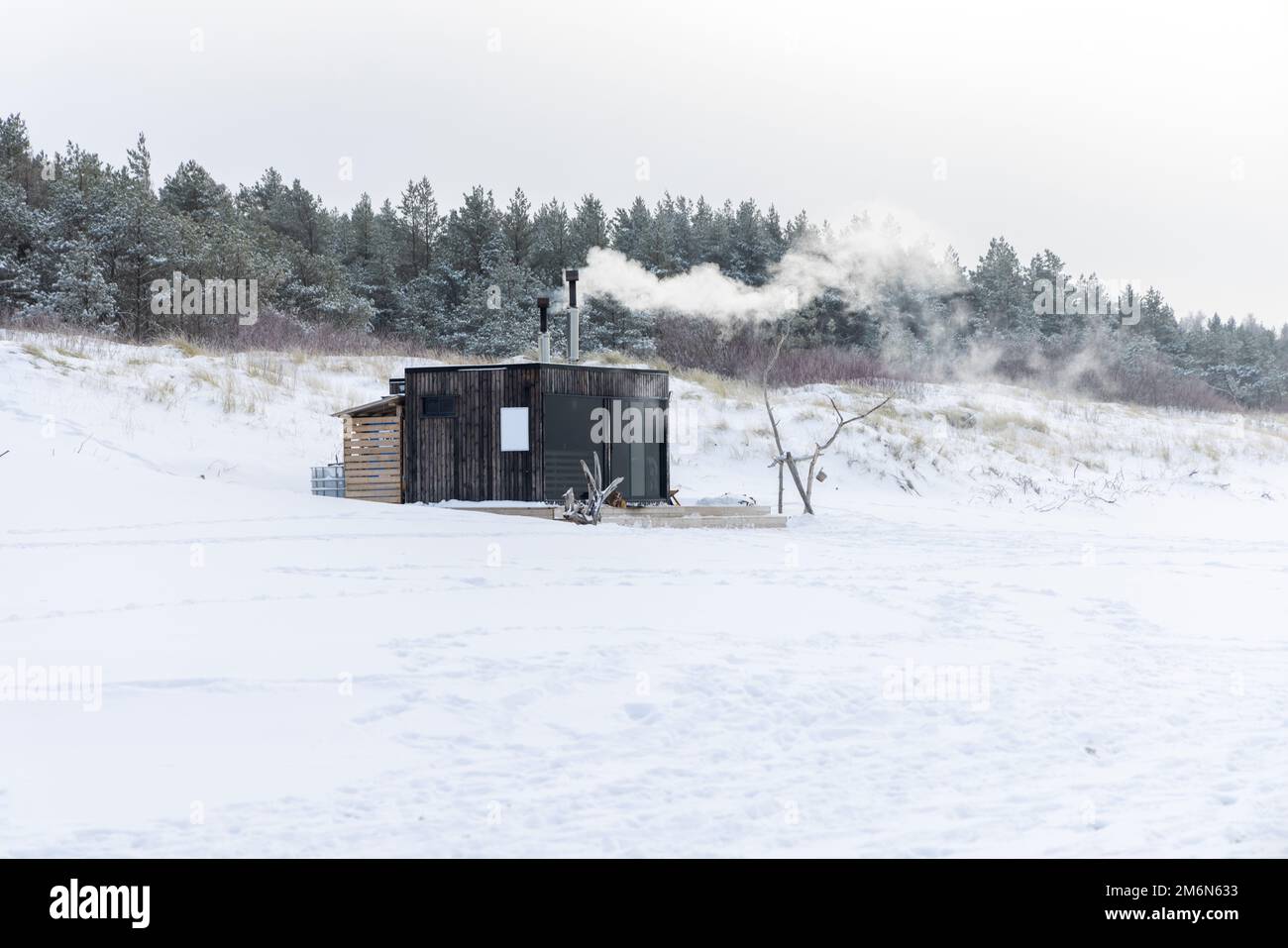 Sauna all'aperto in legno con fumo che esce dal camino in una bella giornata invernale fredda e innevata al Mar Baltico. Benessere e stile di vita sano. Foto Stock