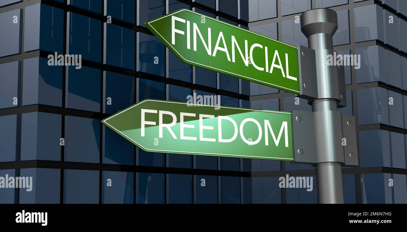 Segnaletica stradale per la libertà finanziaria con facciata dell'edificio Foto Stock