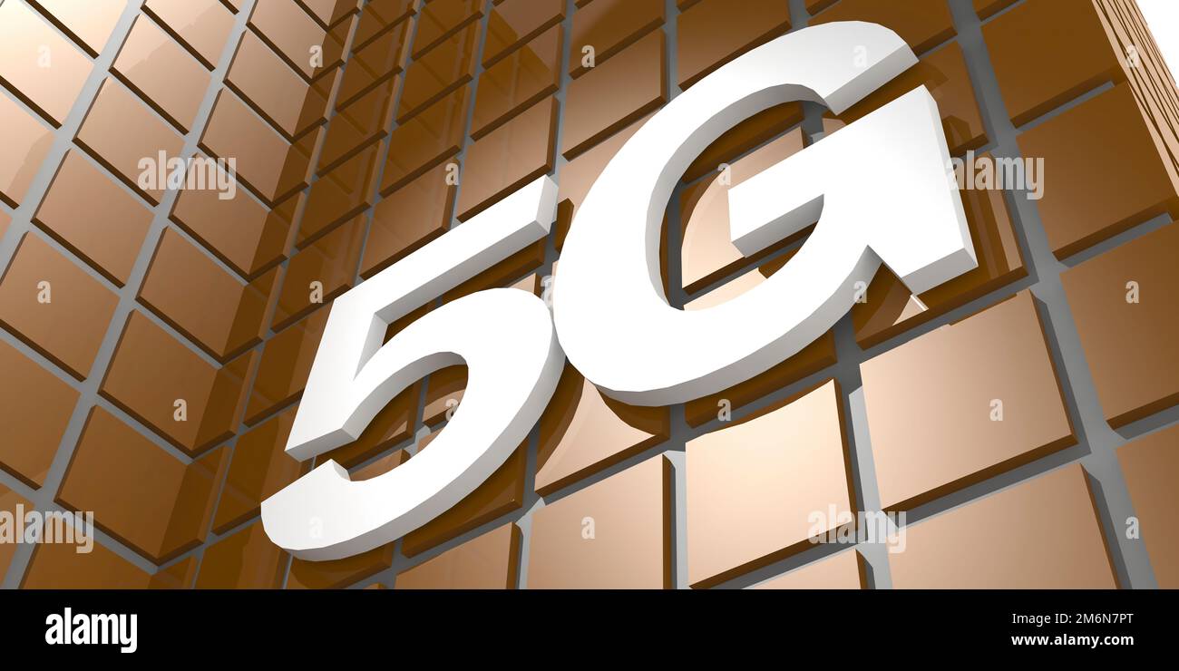 Facciata dell'edificio con 5G cartello Foto Stock