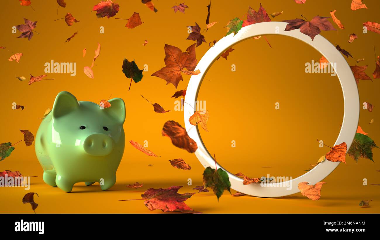 Piggy banca in autunno foglie Foto Stock