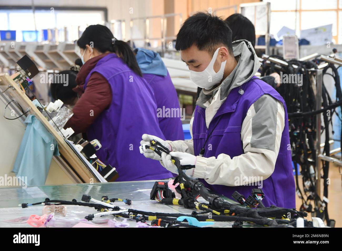 HANDAN, CINA - 4 GENNAIO 2023 - i lavoratori lavorano su una linea di produzione di cablaggi per auto presso Handan Yongxu Automotive Electronics Co., Ltd. In An Foto Stock