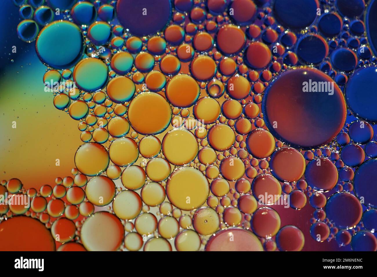 cerchi di olio multicolore sull'acqua, sfondo astratto colorato Foto Stock