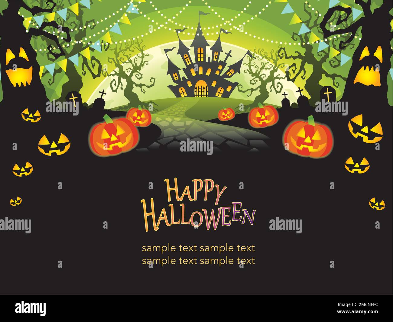 Happy Halloween Vector background Illustration con Haunted Mansion, Trees, Jack-o-Lantern, e spazio di testo. Illustrazione Vettoriale