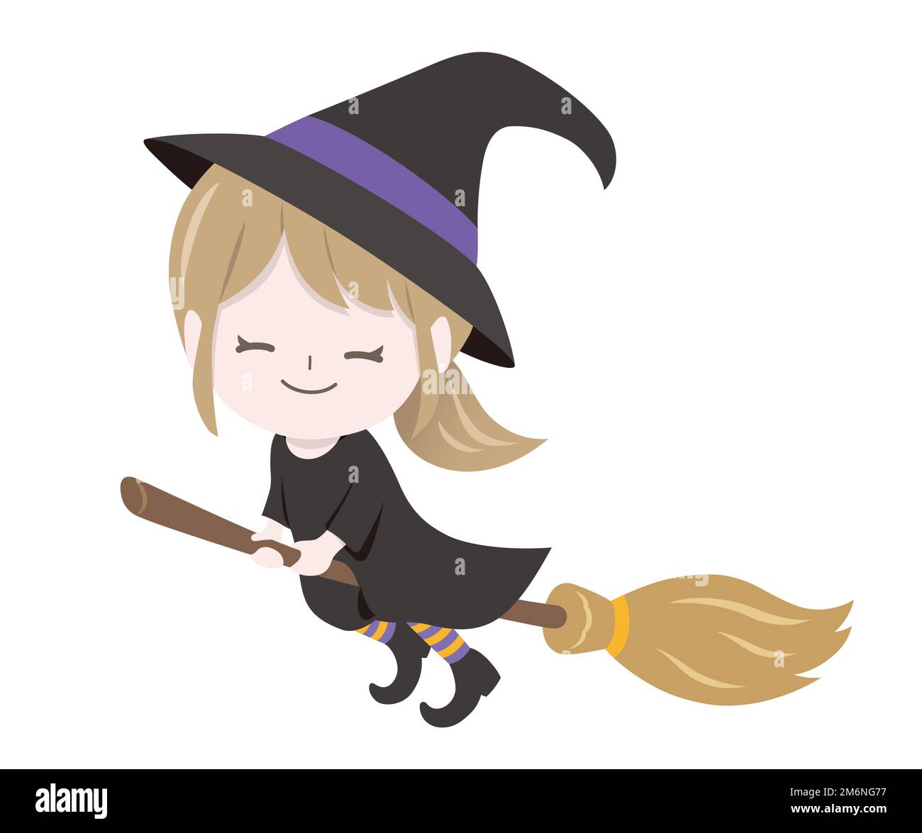 Cute Witch Flying su Magic Brooms isolato su uno sfondo bianco. Illustrazione di Halloween del vettore. Illustrazione Vettoriale