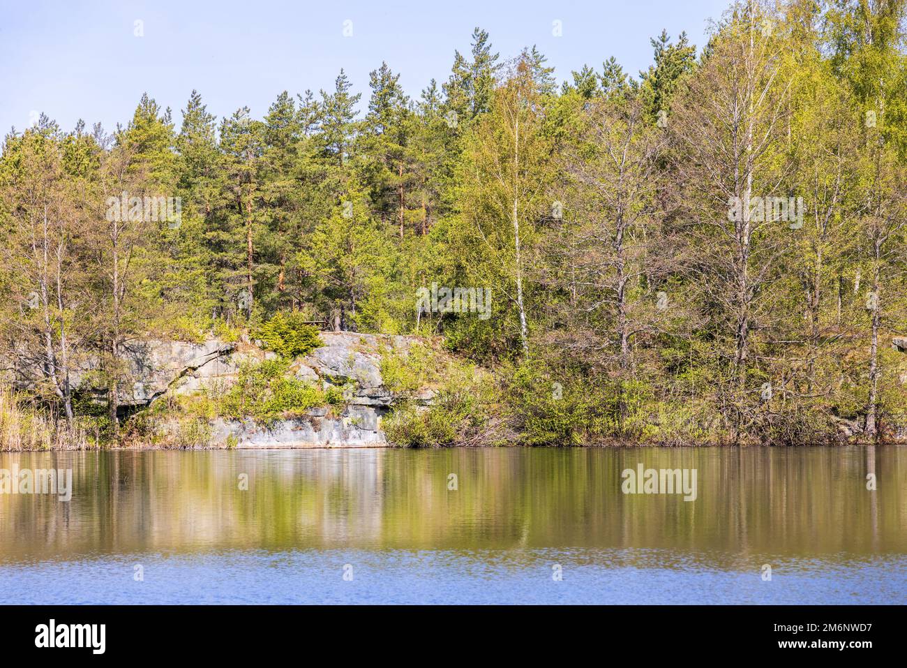 Idilliaco lago con alberi lussureggianti in primavera Foto Stock