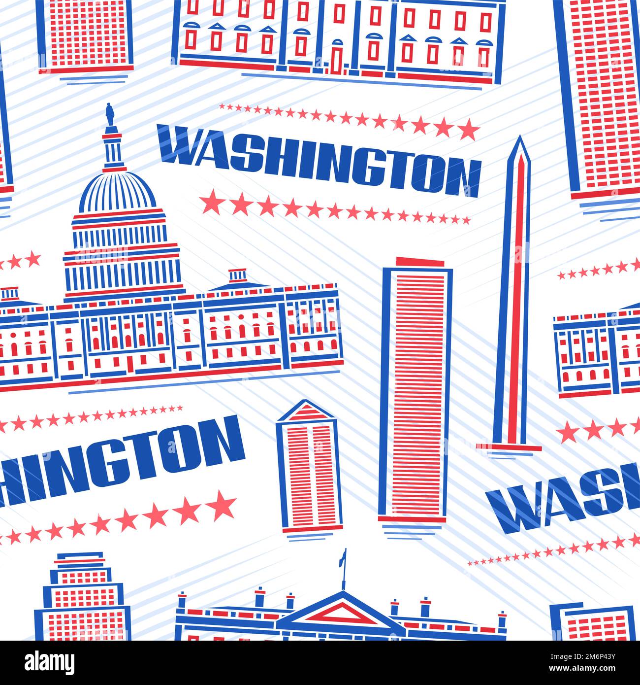 Vector Washington Seamless Pattern, sfondo ripetuto con illustrazione del famoso paesaggio cittadino di washington su sfondo bianco per carta da imballaggio, dec Illustrazione Vettoriale