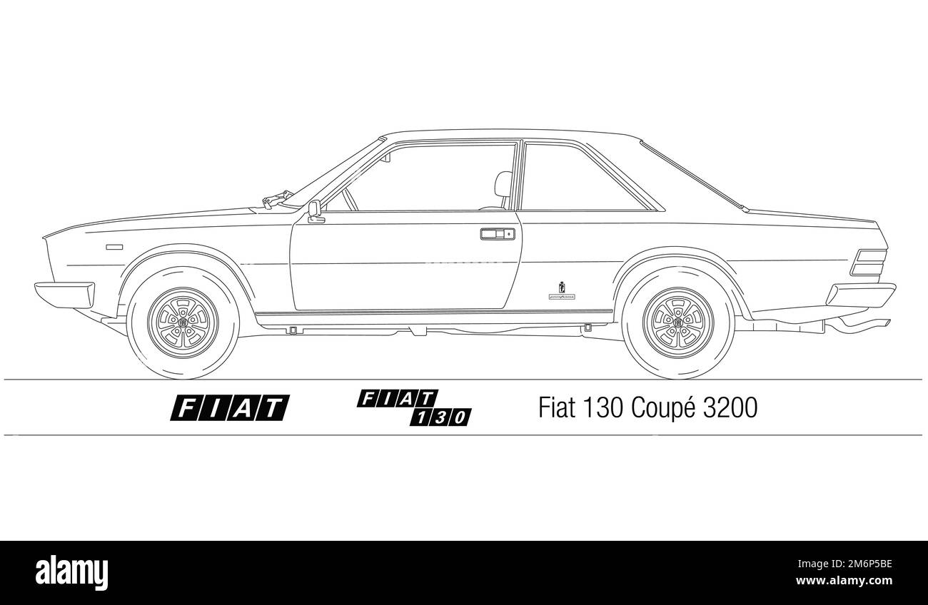 Italia, anno 1972, Fiat 130 Coupe 3200, silhouette auto d'epoca italiana, disegno vettoriale Foto Stock
