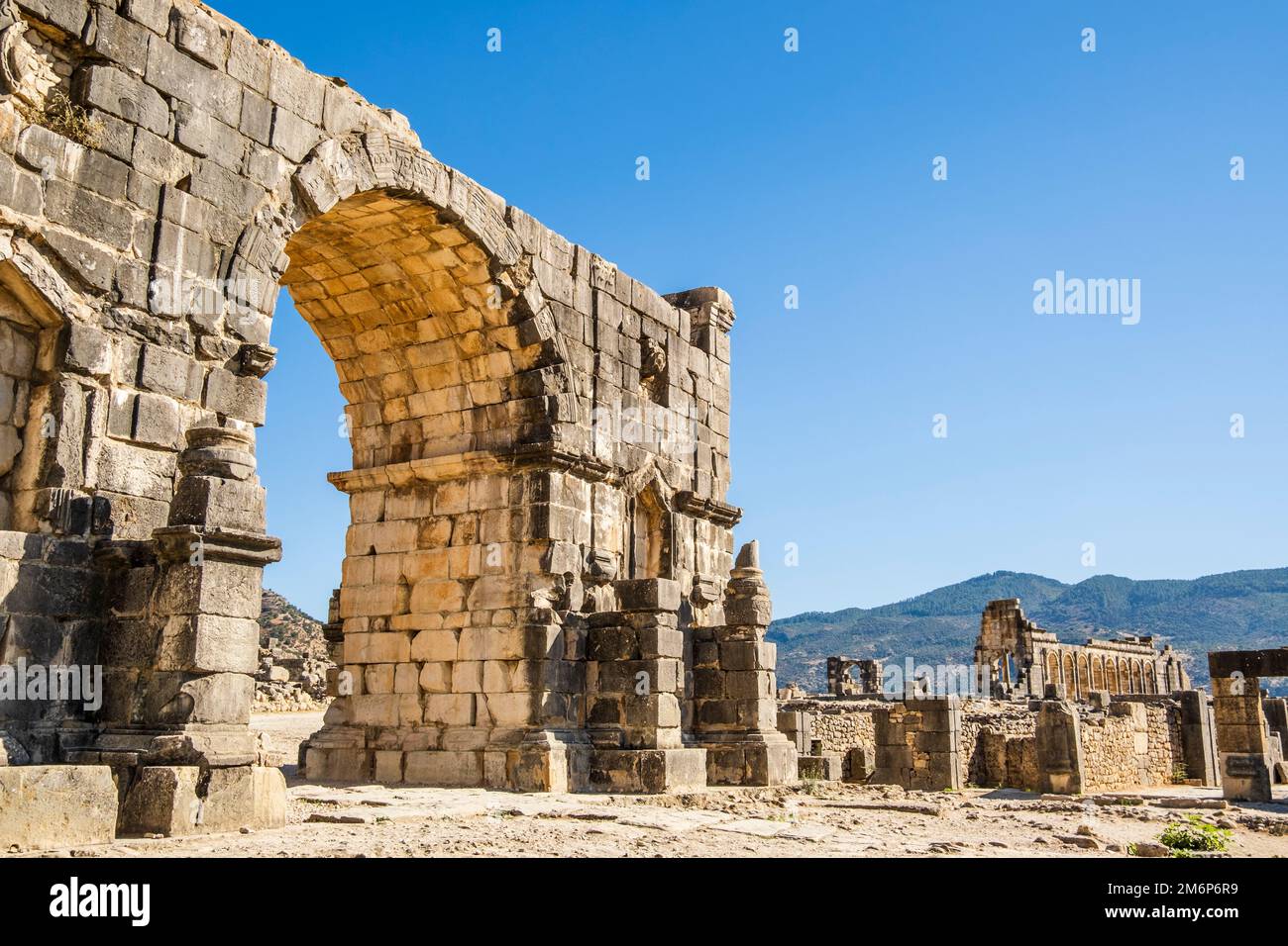 Rovine romane ben conservate a Volubilis, zona di Fez Meknes, Marocco, Africa settentrionale Foto Stock