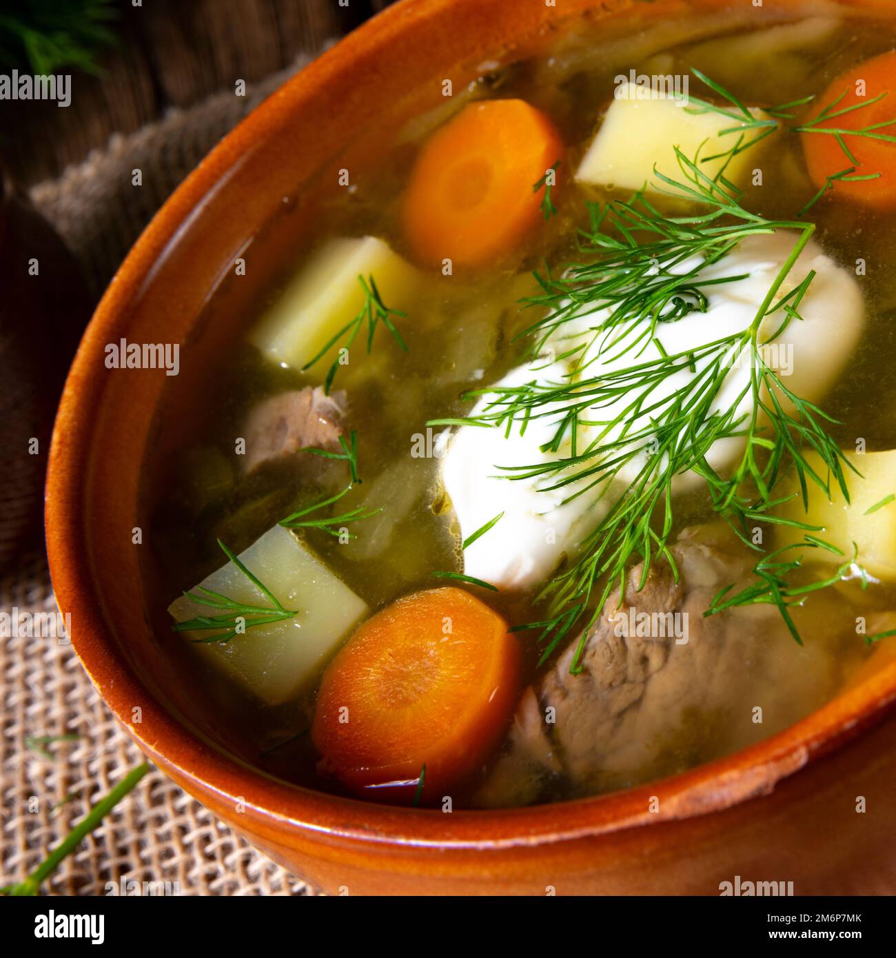 Zuppa di cetrioli acida polacca con aneto Foto Stock